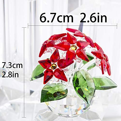 Red Crystal Poinsettia Flower Figurine Christmas Table Centerpiece Decor | Glass Craft with 6 Blooms Tabletop Centerpiece Home Office Party Decor Collectible Gift for Women Mom