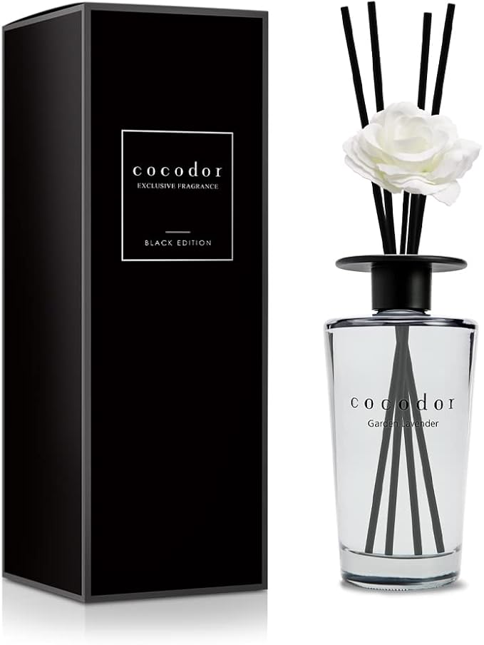 COCODOR White Flower Reed Diffuser / Garden Lavender / 1 Pack / Home & Office Decor Aromatherapy Diffuser Oil Gift Set / Large Size, Large Capacity, Big Size Diffuser, Black Edition/16.9Ounce(500 ml)