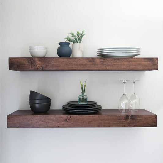 Modern Floating Shelves 3 Inches Thick for Wall, Wide Shelves for Kitchen, Living Room, Bedroom, and Bathroom, Natural Pine Wood, Rustic Wooden Shelf, (Set of 2) (Provincial, 60Lx3Hx8D)