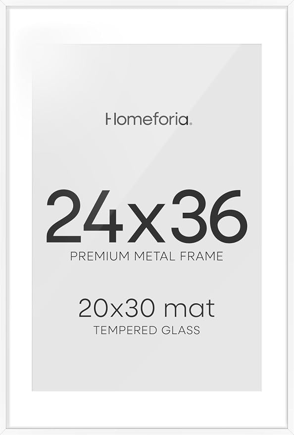 Homeforia 24x36 Picture Frame White, High End Metal 24 x 36 Large Poster Frames with Mat 20 by 30 inch Photo, 24x36 Thin Frame Matted to 20x30 in Print, 36x24 Frame, Tempered Glass, Wall Kit, Set of 2