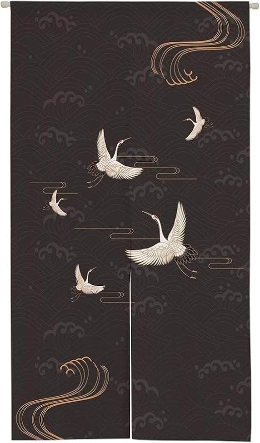 Ofat Home Japanese Crane Noren Curtain, 33.5" x 59" | Elegant flying crane and wave pattern doorway curtain in Japanese Zen style for living room or hallway decor