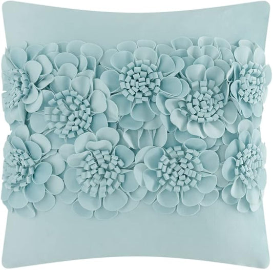 JWH Handmade 3D Flower Throw Pillow Covers Aesthetic Decorative Floral Accent Pillow Cases Stereo Velvet Pillowcase Cute Cushion for Car Bed Couch Bedroom Decor 18x18 Inch Light Blue