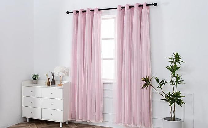 INLINAS Pale Pink Blackout Curtains with Sheer Overlay - Grommet Top Thermal and Noise Reduction Panels for Bedroom and Living Room Light Blocking and Energy Saving, 52 x 84 Inches, Set of 2