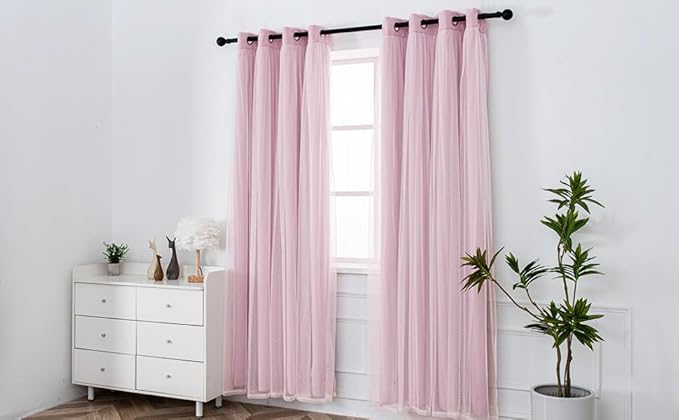 INLINAS Pale Pink Blackout Curtains with Sheer Overlay - Grommet Top Thermal and Noise Reduction Panels for Bedroom and Living Room Light Blocking and Energy Saving, 52 x 63 Inches, Set of 2