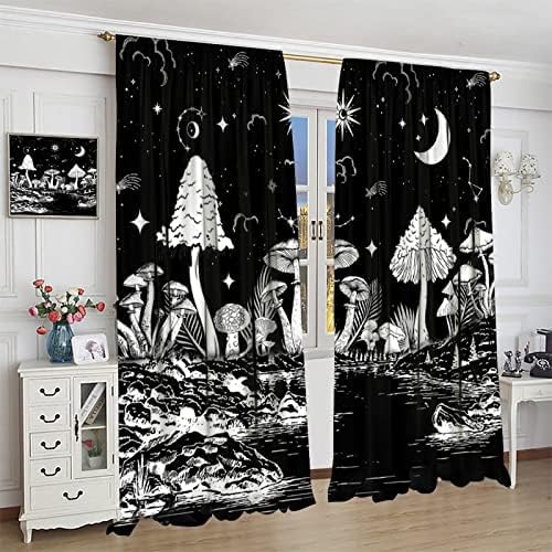 Black White Mushroom Curtains,Mountain with Pine Trees and Lake Landscape Window Drapes,Boho Galaxy Star Print Blackout Window Treatment for Bedroom Living Room College Dorm 84x84in