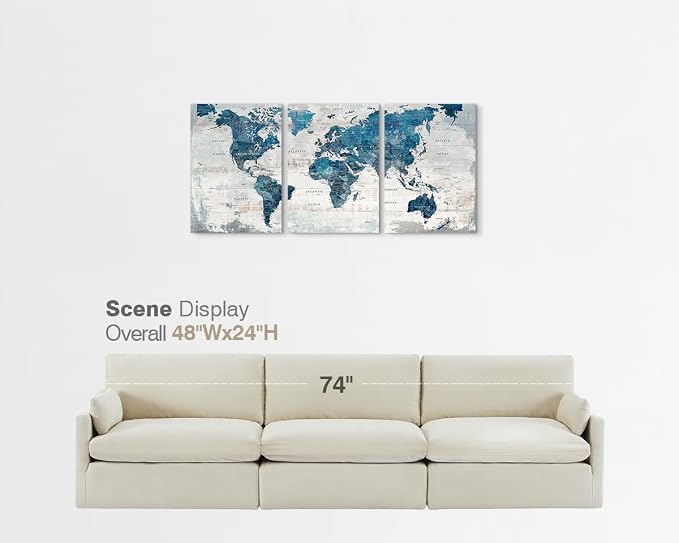 Wall Art for Living Room Office Pictures Wall Decor Framed World Map Canvas | Modern Blue Artwork 3 Piece Motivational Travel Painting for Boys Women Bedroom Conference Room