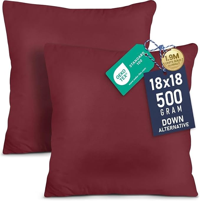 Utopia Bedding 18x18 Pillow Inserts, Set of 2, Wine Red – Indoor Decorative Throw Pillows for Bed, Sofa & Couch – Soft, Supportive & Fluffy Cushion Inserts