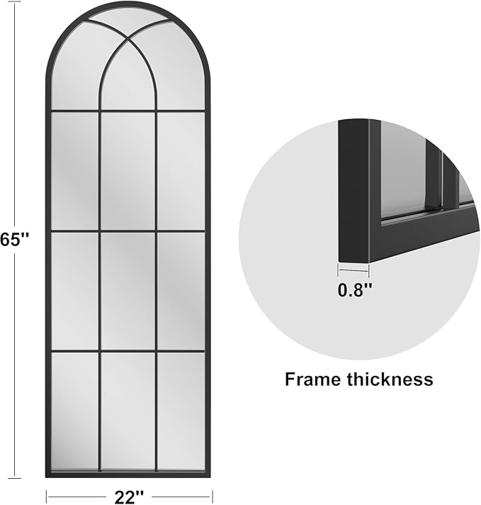 Dewfig 65"x 22" Arched Window pane Full Length Mirror, Wall Mirror, Floor Standing Mirrors, Farmhouse Long Full Body Mirrors Wall Mounted for Living Room, Bedroom, Entryway, Fireplace, Black