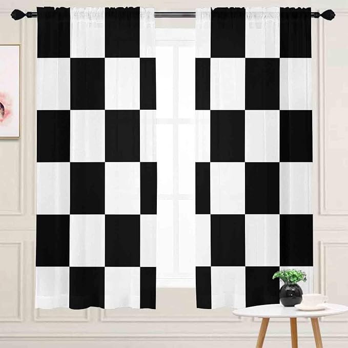 Black and White Checkered Curtains for Living Room Light Filtering Retro Plaid Curtains 63 Inch Length 2 Panels Set White Modern Geometry Drapes for Bedroom Curtains