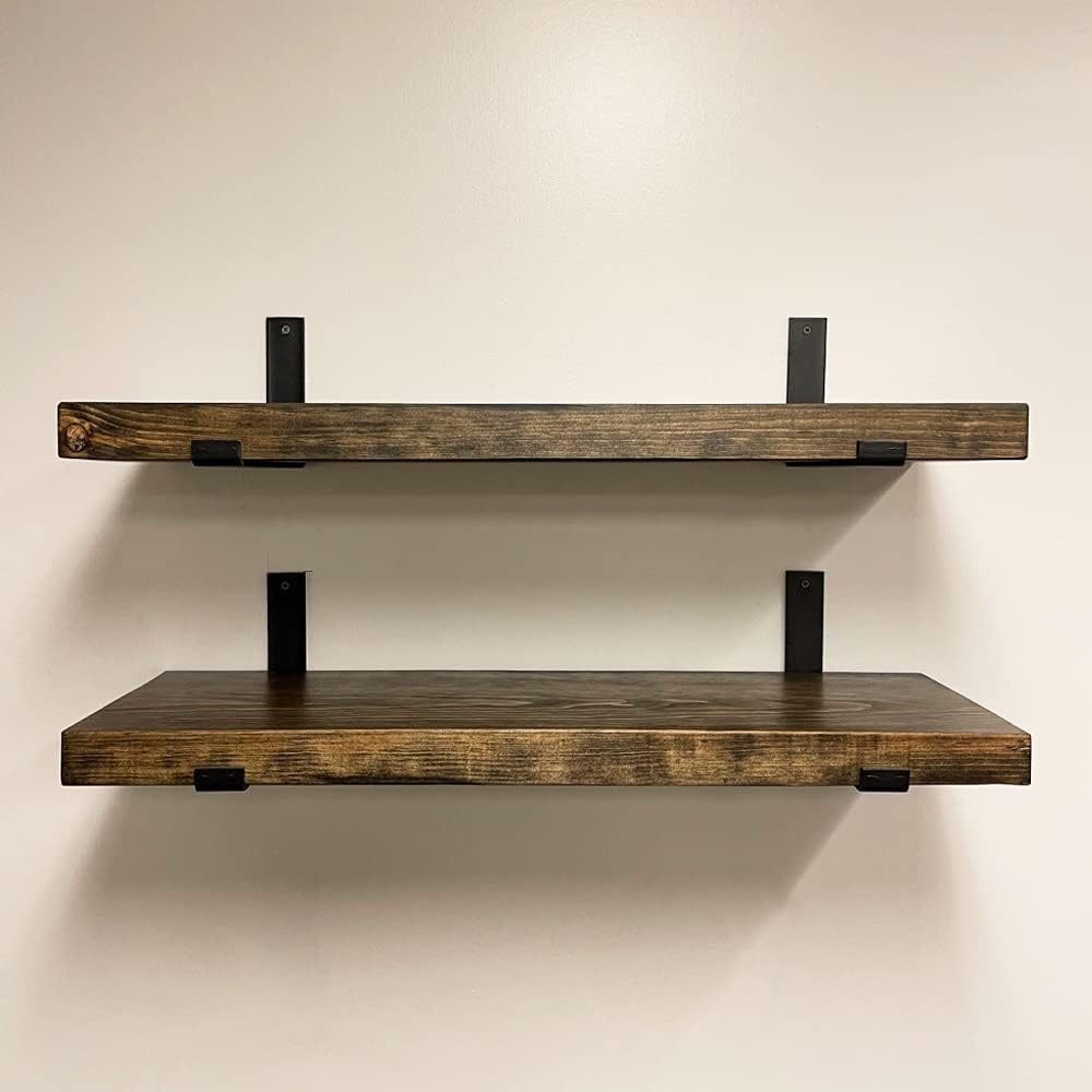 Rustic Shelves with J-Brackets Set of 2, Industrial Shelf, Kitchen Shelves, Solid Wood, Decorative Wall Storage, Heavy Duty, URBANDI (Dark Brown, 12Wx10D)