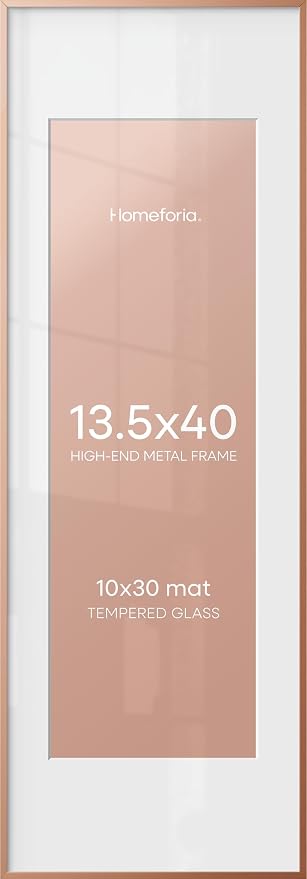 Homeforia 13.5x40 Rose Gold Picture Frame, High End Metal 13.5x40 Panoramic Poster Frames with Mat 10x30 Photo, 13.5 x 40 Frame Matted to 10 x 30 Art, 40x13.5 Frame, Tempered Glass, Wall Kit, Set of 1