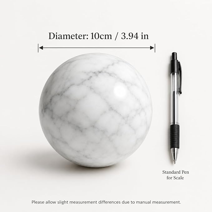 White Marble Decorative Sphere, 10cm Natural Stone Orb | 3.94 in Solid Stone Ball for Coffee Table Centerpiece, Console Table and Shelf