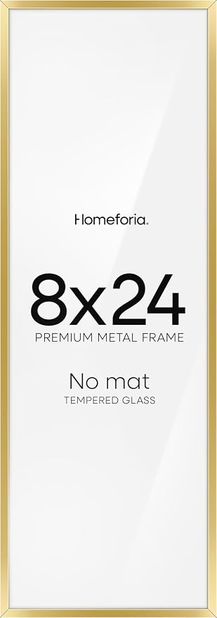 Homeforia 8x24 Panoramic Frame Gold, High End Metal 8 x 24 Picture Frames without Mat, 24x8 Hanging Gold Poster Frames for Wall, 8 by 24 inches Display Photo Frames, Tempered Glass, Wall Kit, Set of 3