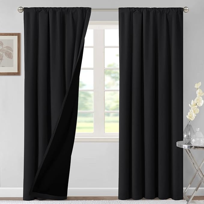 H.VERSAILTEX 100% Blackout Curtains for Bedroom Thermal Insulated Blackout Curtains 84 Inches Long Rod Pocket Window Drapes for Living Room with Black Liner 2 Panels Set, Jet Black