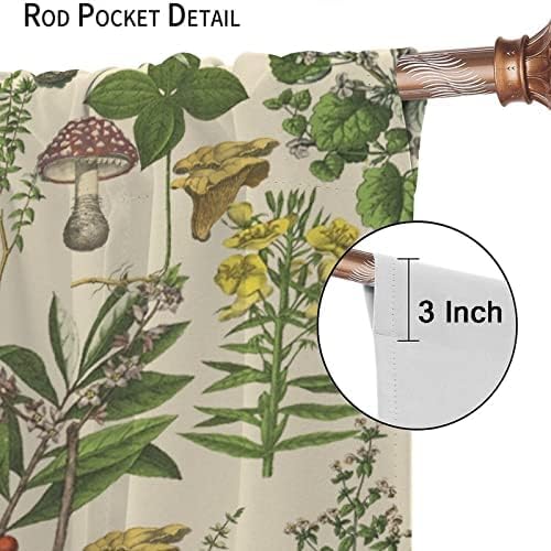 Vintage Botanical Curtains,Antique 1900s Plants Herbs Mushroom Blackout Window Drapes for Kitchen,Boho Retro Wildflower Green Leaf Ferns Farmhouse Window Treatment for Living Room 42x54 Inch