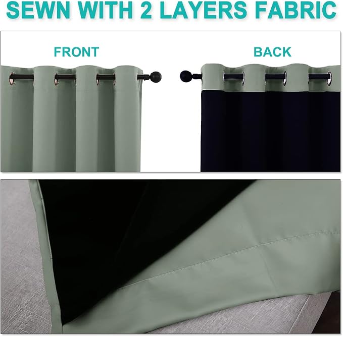 NICETOWN 100% Blackout Curtains 54 inches Long, Double-Deck Completely Blackout Window Treatment Thermal Insulated Lined Drapes for Small Window (Greyish Green, 1 Pair, 52 inches Width Each Panel)