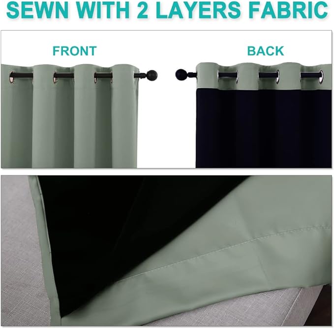 NICETOWN 100% Blackout Window Curtain Panels, Heat and Full Light Blocking Drapes with Black Liner for Nursery, 80" Drop Thermal Insulated Draperies (Greyish Green, 2 Pieces, 37" Wide Each Panel)
