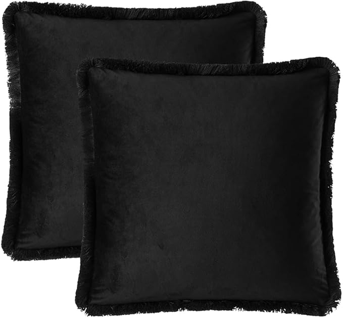 JUSPURBET Black Velvet Throw Pillow Covers 22x22 Inch Set of 2 with Soft Tassel Fringe Luxury Boho Pillowcase for Sofa Couch Bed Home Decor Machine Washable