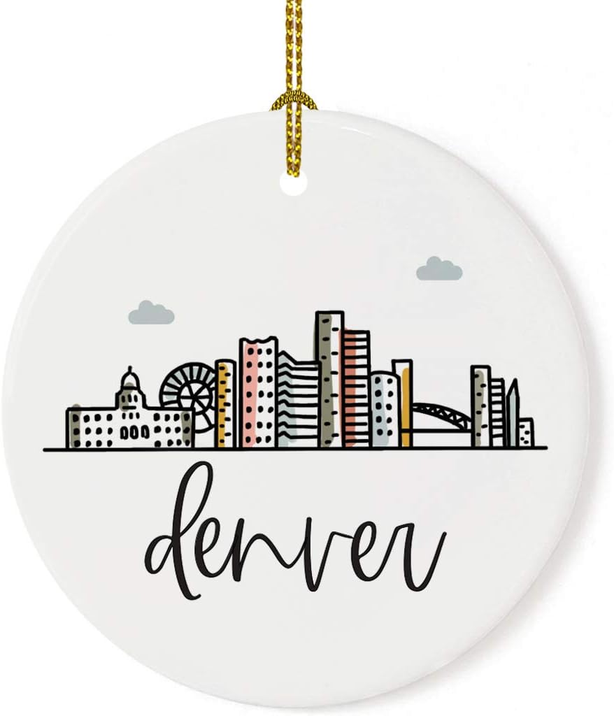 Andaz Press Round Ceramic Porcelain Christmas Tree Ornament Keepsake, Denver, Colorful City Skyline Graphic, 1-Pack, Birthday Gift Ideas Family Coworker Him Her, Includes Gift Box