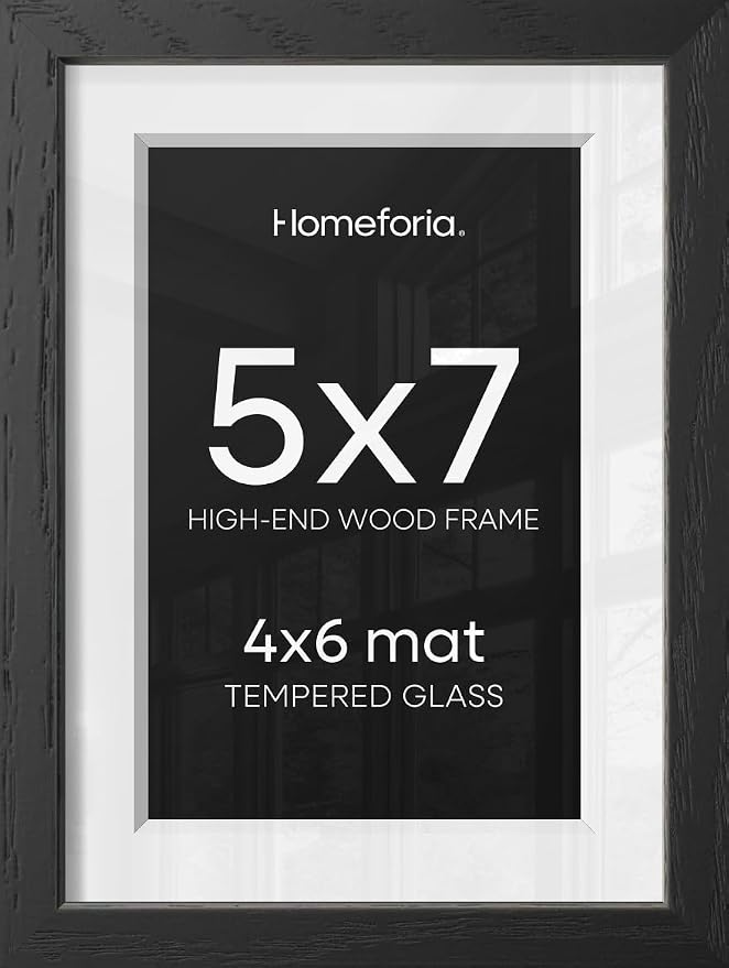 Homeforia 5x7 Picture Frame Black Wood, High End Oak 5by7 Black Wooden Frames with Mat 4x6 Print, 5 x 7 Frame Matted to 4 x 6 inch Photo, 7x5 Wall or Tabletop Frame, Tempered Glass, Wall Kit, Set of 1