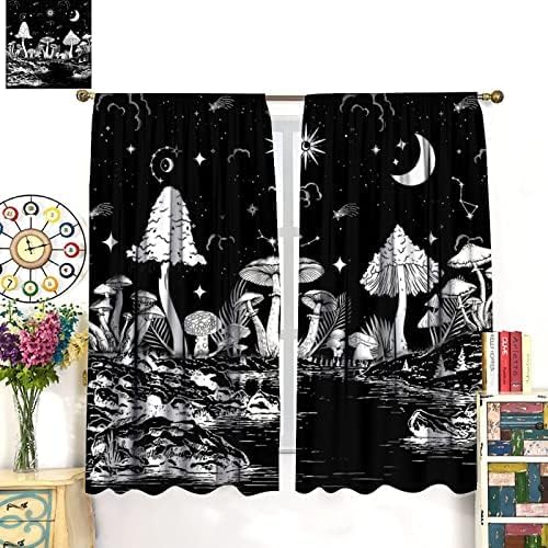 Black White Mushroom Curtains,Mountain with Pine Trees and Lake Landscape Window Drapes,Boho Galaxy Star Print Blackout Window Treatment for Bedroom Living Room College Dorm 63x63in