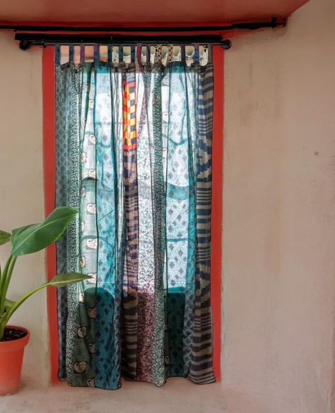 Rajbhoomi Sari Colorful Curtains Light-Filtering – Boho Curtains, Bed Canopy Panel, Tapestry or Window Treatment Blue Color (84 X 43 Inches)