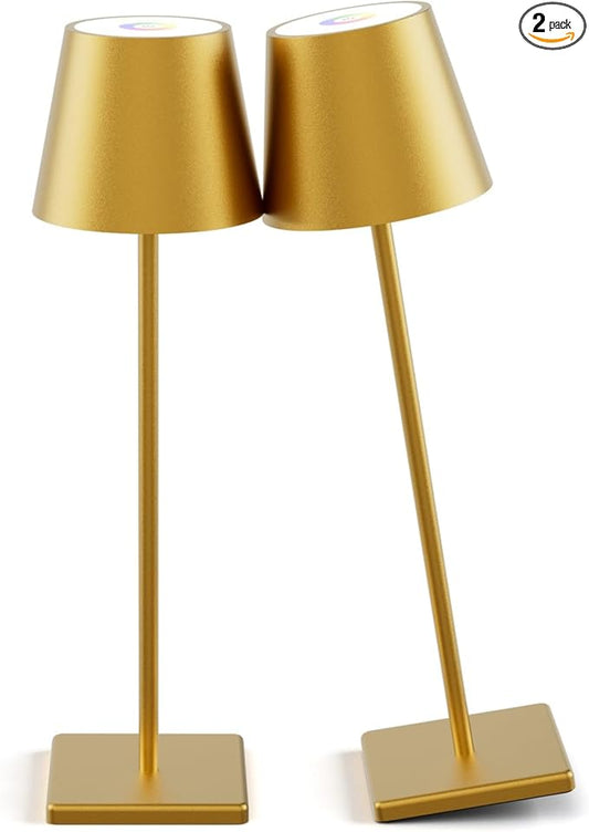 2-Pack LED Cordless Table Lamp 3W 5000mAh Rechargeable Battery Operated Stepless Dimmable Portable Lamp for Restaurant, Bedroom, Outdoor (Gold)