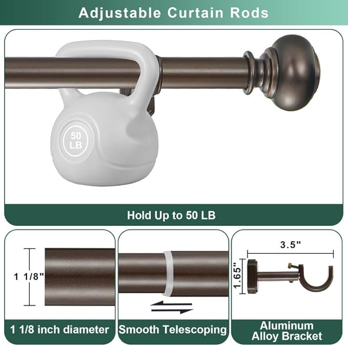 1 1/8 Inch Heavy Duty Curtain Rods, Extra Long Curtain Rod for Window 144-240 Inch(12-20ft), Telescoping Drapery Rods with Classic Finials and Adjustable Aluminum Alloy Brackets, Antique Brown