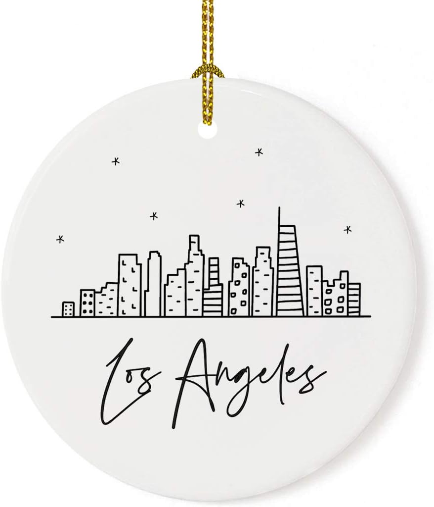 Andaz Press Round Ceramic Porcelain Christmas Tree Ornament Keepsake Gift, Los Angeles, Black and White Stars City Skyline Graphic, 1-Pack, Birthday Ideas Family Coworker Him Her, Includes Gift Box