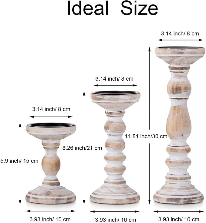 Wooden Pillar Candle Holder: Rustic White Candle Stand Wood Distressed Candleholders Farmhouse Fall Decor for Christmas Fireplace Mantle Dining Table Living Room Shelf Set of 3