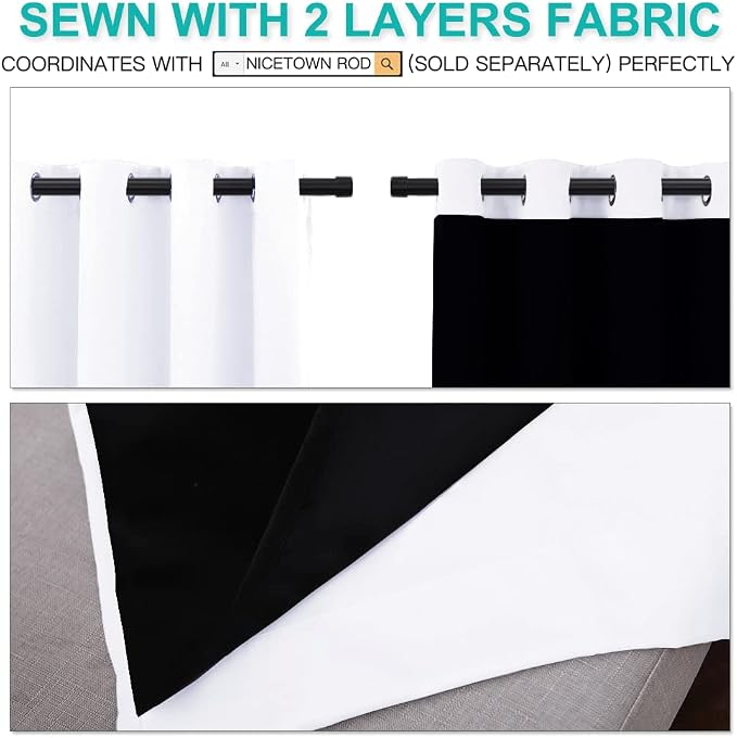 NICETOWN 100% Blackout Window Curtain Panels, Full Light Blocking Drapes with Black Liner for Nursery, 72 inch Drop Thermal Insulated Draperies (White, 2 Pieces, 52-inch Wide Per Panel)