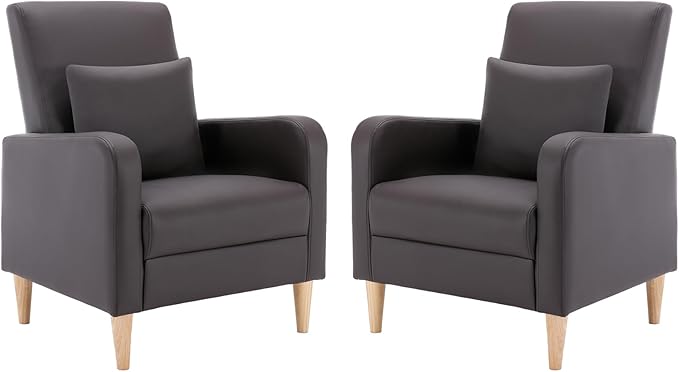 COLAMY Mid-Century Modern Accent Chairs Set of 2, Faux Leather Upholstered Living Room Chairs with Back Pillow & Solid Wood Legs, Comfy Armchair for Living Room, Bedroom, Single Sofa, Dark Brown