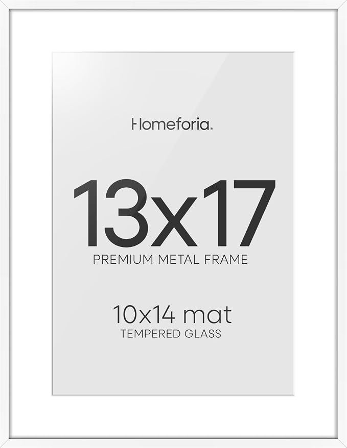 Homeforia 13x17 Picture Frame White, High End Metal 13x17 Poster Frames with Mat 10x14 Photo, 13 x 17 White Frame Matted to 10 by 14 Print, 17by13 Thin Hanging Frames, Tempered Glass, Wall Kit, Set of 2