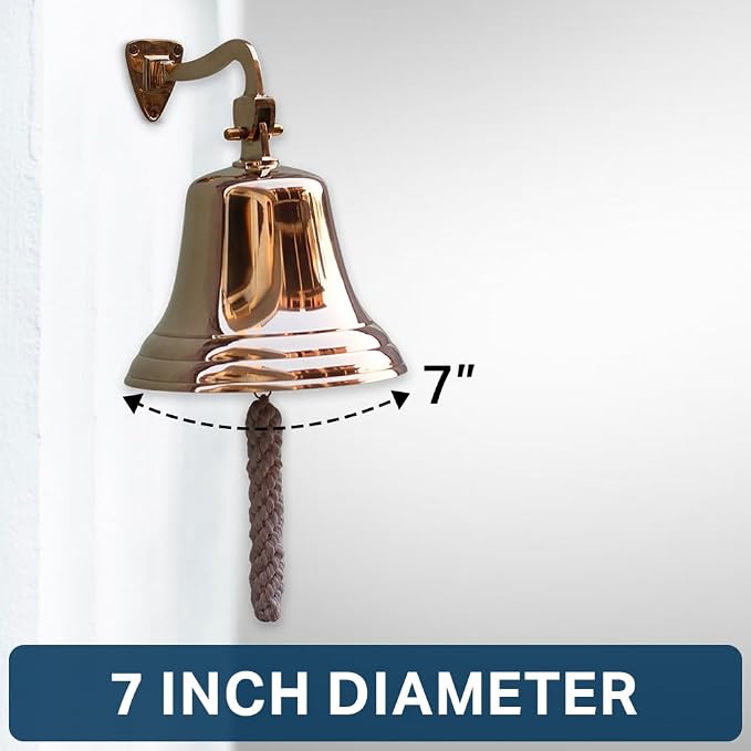 Solid Brass Wall Mounted Ship Hanging Bell for Reception, School, Outdoor,Indoor, Dinner & Chruch - 7 Inch by The Metal Magician