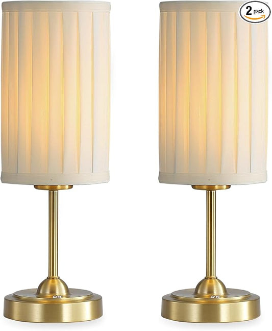 Portables Cordless Table Lamp Set of 2,LED Fabric Shade DeskLamp,Rechargeable Battery Operated，Lighting for Bedroom, Bedside,Bar,Living Room, Dining Room, Night Light (Brass)