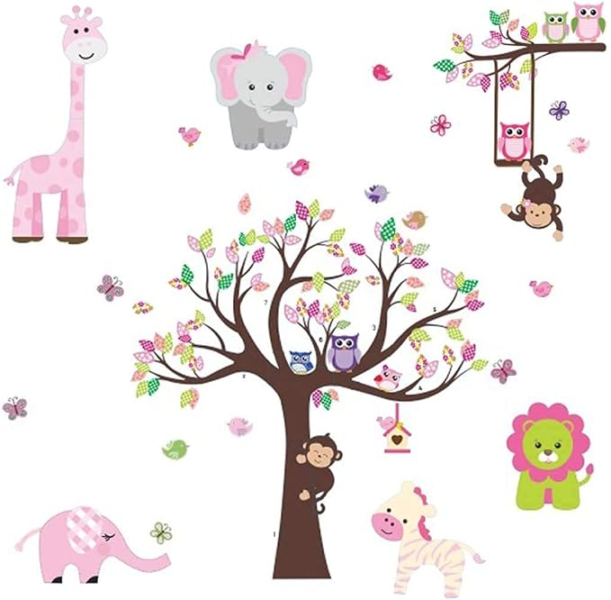 Amaonm Jungle Animal and Tree Wall Decals Removeable DIY Flower Lion Giraffe Owls Wall Sticker Peel and Stick Wall Decor for Nursery Kids Room Bedroom Living Room (B)