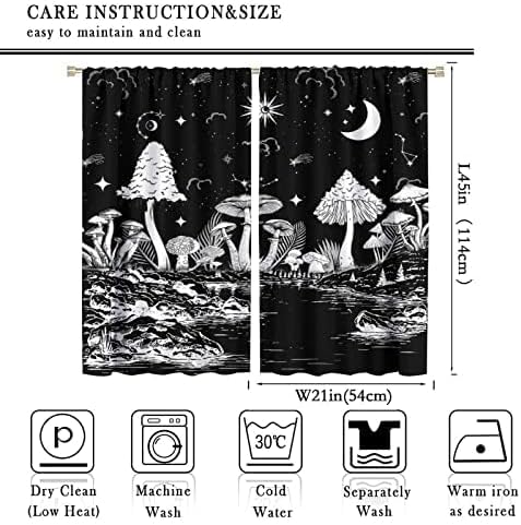 Black White Mushroom Curtains,Mountain with Pine Trees and Lake Landscape Window Drapes,Boho Galaxy Star Print Blackout Window Treatment for Bedroom Living Room College Dorm 42x45 Inch