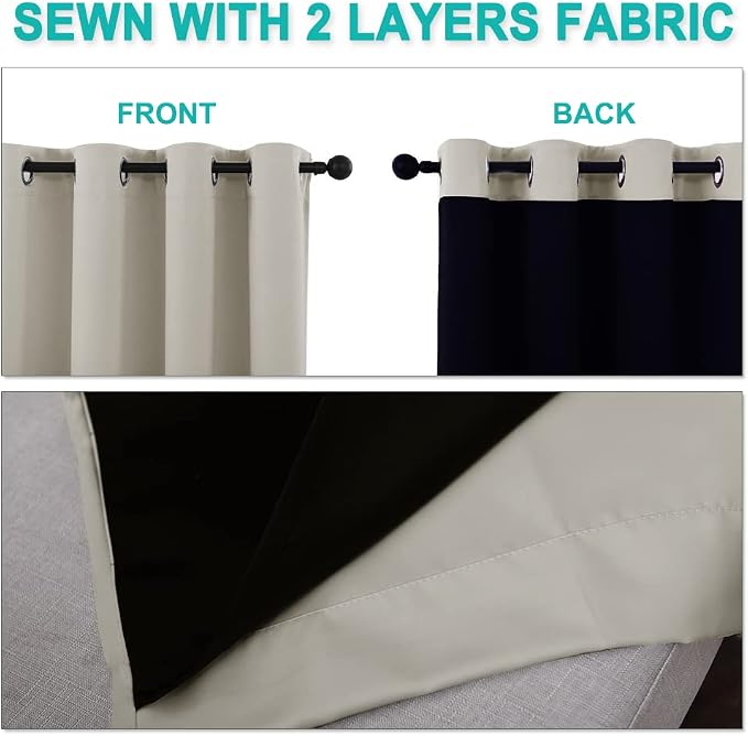 NICETOWN 100% Blackout Window Curtain Panels, Cold and Full Light Blocking Drapes with Black Liner for Nursery, 84 inches Drop Thermal Insulated Draperies (Natural, 2 PCs, 62" Wide Each Panel)