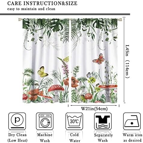 Red Mushroom Curtains,Boho Green Plant Butterfly Bee Wildflower Window Drapes,Summer Eucalyptus Leaf Tropical Vintage Window Treatment for Living Room Bedroom Cafe Kitchen 42x45 Inch