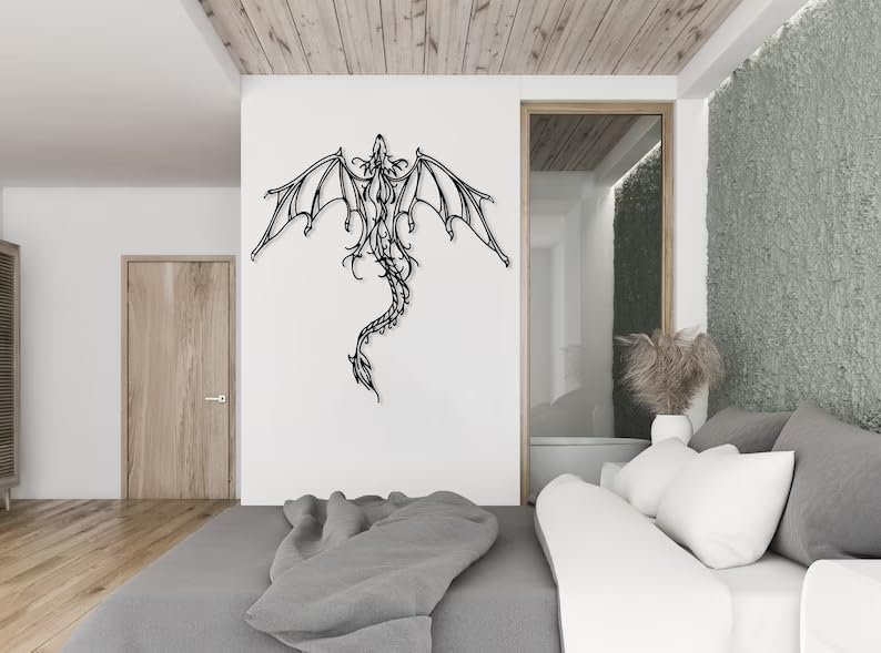 Dragon Metal Wall Art | Legendary Fantastic Dragon Wall Decor | Mythologic Wall Hanging | Man Cave Decorative | Mythic Wyvern Sculpture for Living Room Bedroom Game Room (Black - 29.1'' x 27.9'' / 74