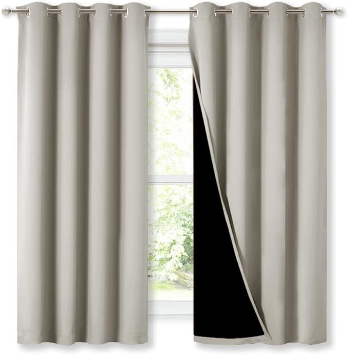 NICETOWN Extra Long Truly Blackout Drapes for Hall and Villa, 46-inch Width Each Panel, 45-inch Length, Natural, 2 Pieces, 100% Blackout Window Curtain Panels with Black Lined for Night Shift Worker