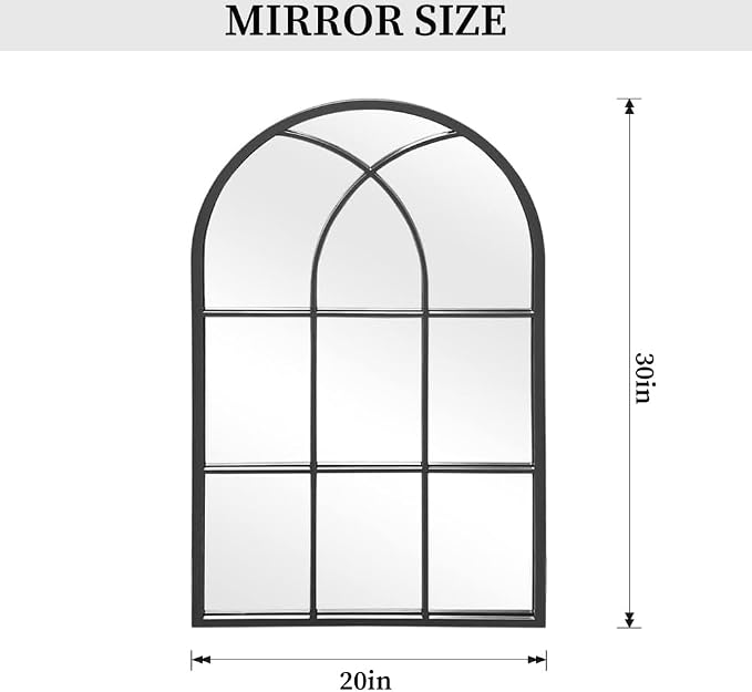 Dewfig Arched Window Wall Mirror, 30"x20" Window Pane Mirrors, Vanity Mirrors for Bathroom, Bedroom, Entryway, Living Room, Farmhouse Mirrors for Wall Decor, Metal Frame, Black