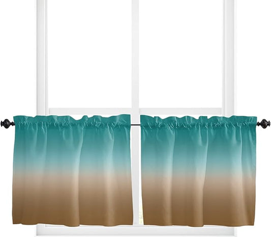 36 Inch Long Tier Curtains for Kitchen, Brown Cyan Turquoise Gradient Bathroom Window Curtains Rod Pocket Short Curtains Window Treatment Tiers for Living Room Farmhouse 2 Panels