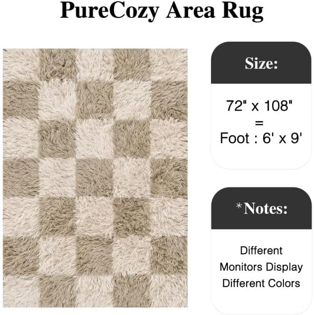 PureCozy Beige 6x9 Area Rugs for Living Room Soft Shag Checkered Large Rug Modern Washable Indoor Office Fuzzy Carpet Non-Slip Fluffy Rugs for Bedroom Nursery Dorm Playroom Home Aesthetic Decor