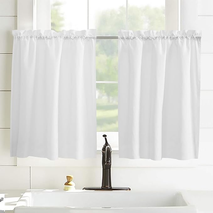 45 Inch Long Tier Curtains for Kitchen, Solid Color White Bathroom Window Curtains Rod Pocket Short Curtains Window Treatment Tiers for Living Room Farmhouse 2 Panels
