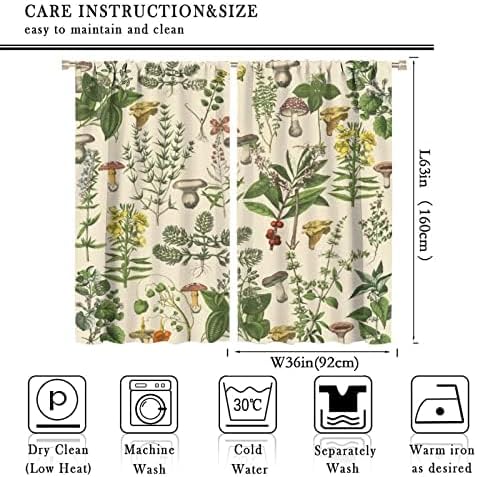 Vintage Botanical Curtains,Antique 1900s Plants Herbs Mushroom Blackout Window Drapes for Kitchen,Boho Retro Wildflower Green Leaf Ferns Farmhouse Window Treatment for Living Room 72x63in