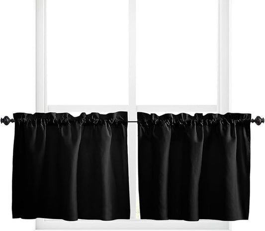 24 Inch Long Tier Curtains for Kitchen, Pure Black Solid Color Bathroom Window Curtains Rod Pocket Short Curtains Window Treatment Tiers for Living Room Farmhouse 2 Panels