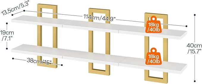 HOOBRO Floating Shelves, 15 Inch Wall Shelf Set of 3, Wall Mounted Storage Shelves 2-Tier, Hanging Bathroom Shelves, for Living Room, Bedroom, Bathroom, Kitchen, White and Gold DW32BJP301