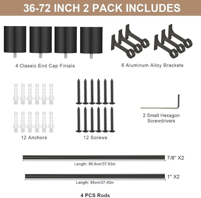 2 Pack Matte Black Curtain Rods for Window 36-72", Decorative Curtain Rods with Cap Finials, Adjustable 1-Inch Thicken Single Curtain Rods Telescoping Drapery Rods