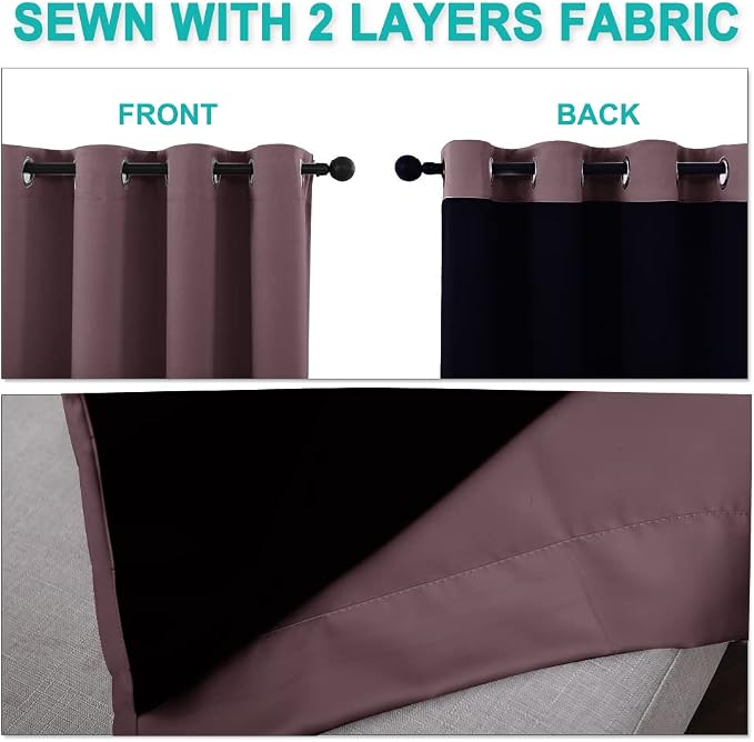 NICETOWN 100% Blackout Curtains with Black Liners, Thermal Insulated Full Blackout 2-Layer Lined Drapes, Energy Efficiency Window Draperies for Bedroom (Dry Rose, 2 Panels, 52-inch W by 63-inch L)
